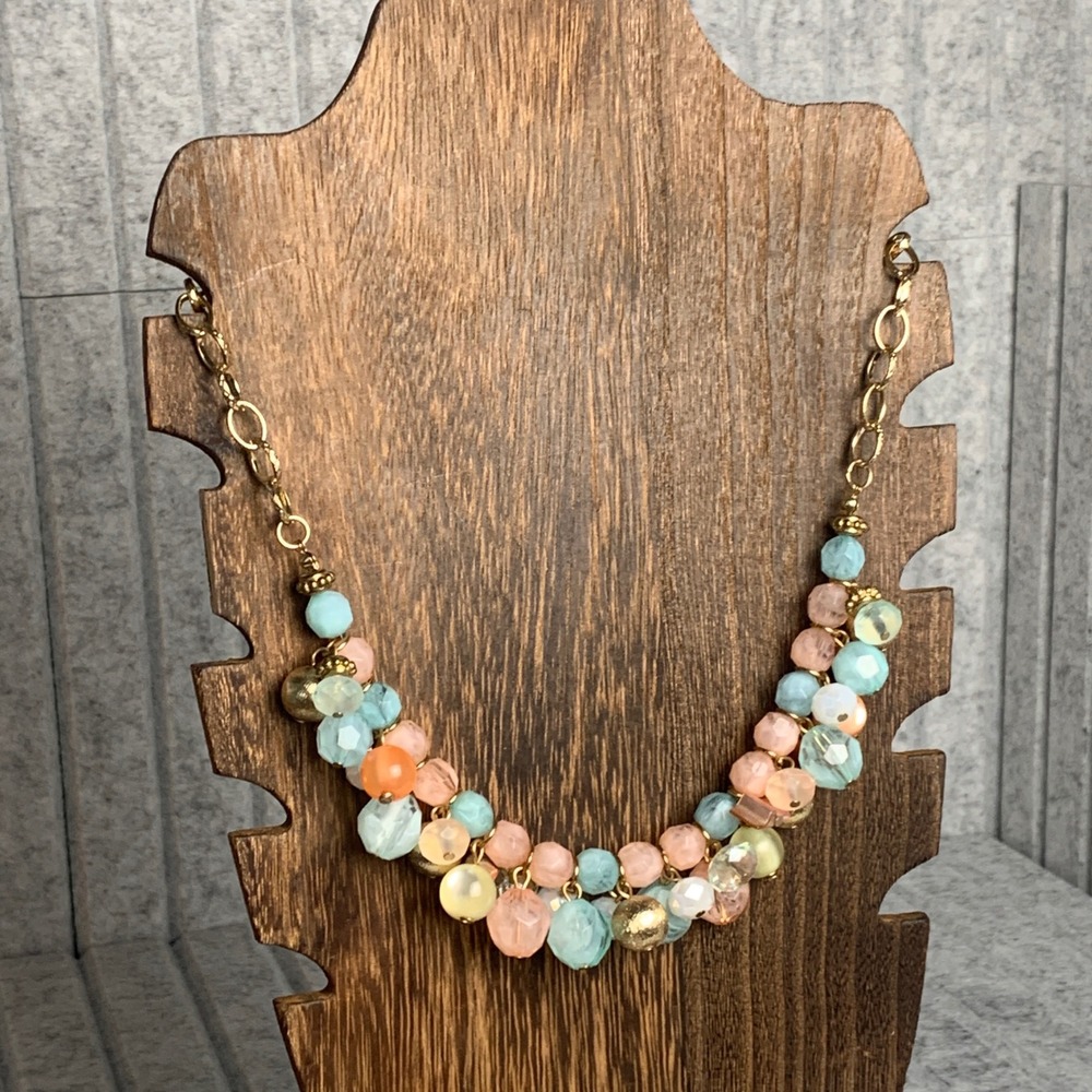 Pastel Beaded Cluster Bib Necklace Gold Tone Peach Mint Blue Multi Strand